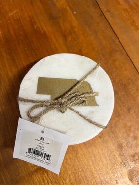 Mary Square White Marble Coaster Set with Gold Nebraska Accent